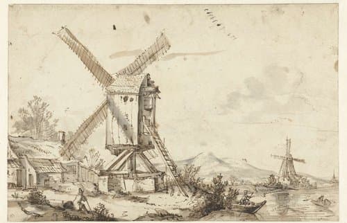 Landschap met twee windmolens by anonymous