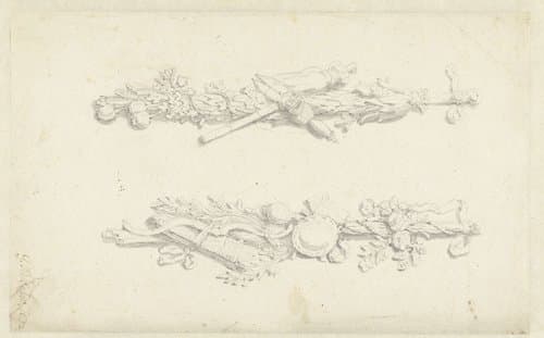 Twee afhangende trofeeslingers by Caspar Netscher