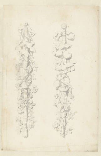 Twee afhangende bloemslingers by Caspar Netscher