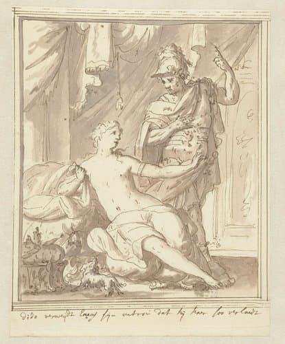 Dido verwijt Aeneas dat hij haar verlaat by Mattheus Terwesten