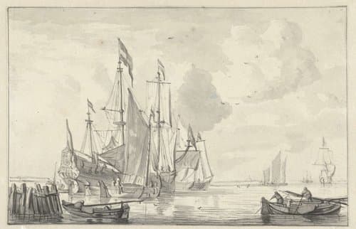 Zeegezicht met enkele schepen in kalm water bij de kust by Willem van de Velde (II)