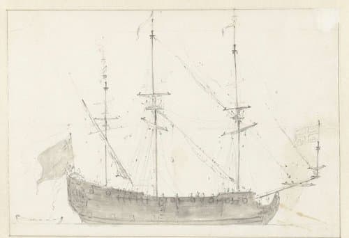 Groot zeilschip van opzij gezien by Willem van de Velde (II)