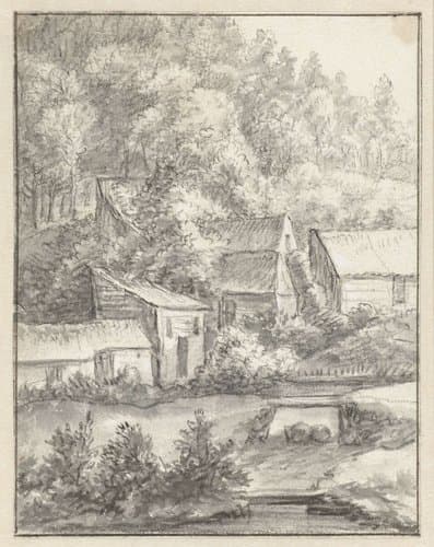 Huizen op een beboste heuvel by Anthonie Waterloo