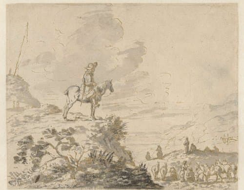 Mounted Sentry Overlooking a Panoramic Landscape with Soldiers and Horses by Philips Wouwerman