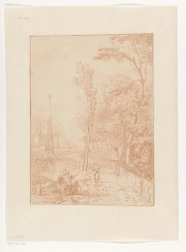 Arcadian Landscape with Figures near an Obelisk by Johannes Glauber