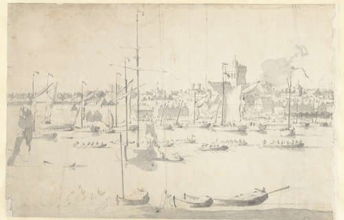 Engelse jachten en sloepen op een rivier bij een stad by Willem van de Velde (I)
