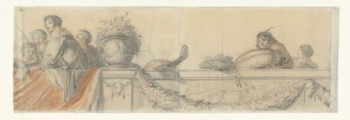 Personen op een balustrade met festoenen by Cornelis Holsteyn