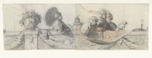 Personen op een balustrade met festoenen by Cornelis Holsteyn