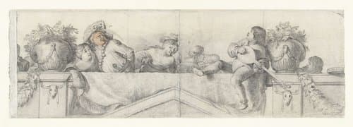 Personen op een balustrade met festoenen by Cornelis Holsteyn