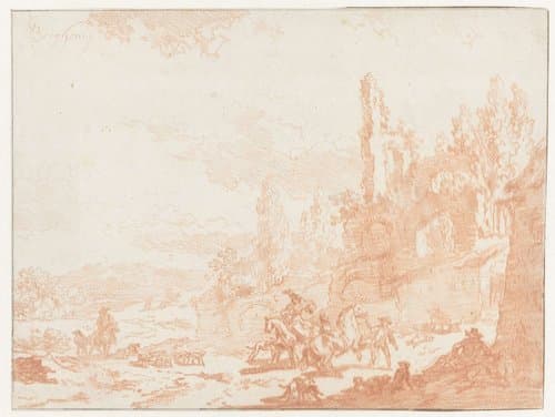 Italianiserend landschap met mannen, paarden en honden by Nicolaes Pietersz Berchem