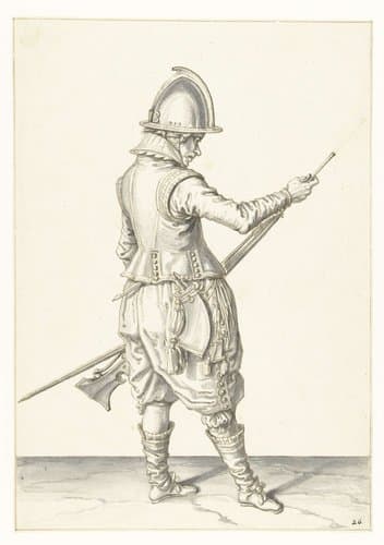 Soldaat die met zijn laadstok kruit en kogel in de loop van zijn roer duwt by Jacques de Gheyn (II)