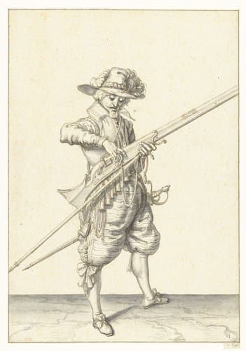 Soldaat die zijn lont van de haan van zijn musket losmaakt by Jacques de Gheyn (II)