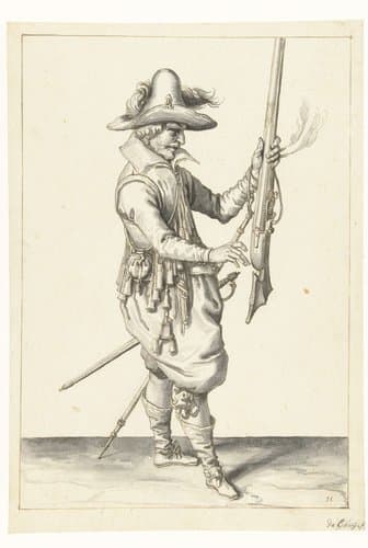 Soldaat die zijn musket met zijn linkerhand rechtop vasthoudt by Jacques de Gheyn (II)