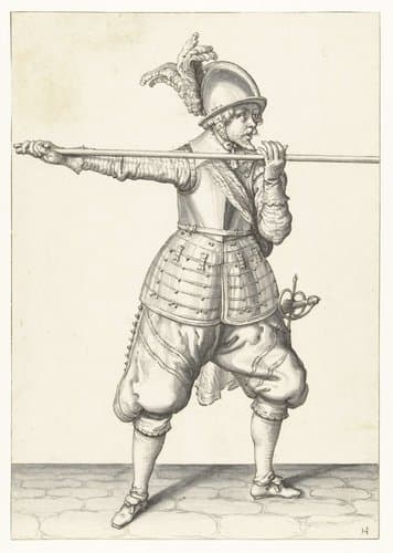 Soldaat die zijn spies met beide handen horizontaal op schouderhoogte draagt by Jacques de Gheyn (II)
