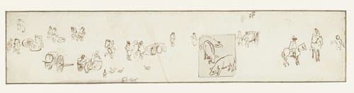 Studieblad met ruiters, staande en lopende figuren en vee by anonymous