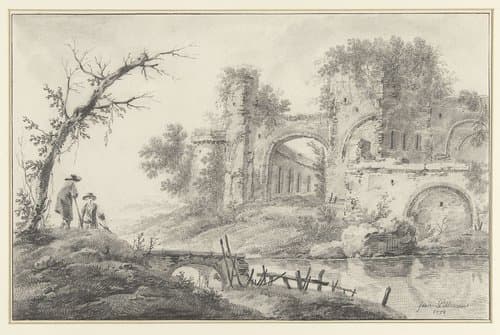 Ruïne aan een rivier met twee landlieden by Jean Baptiste Pillement
