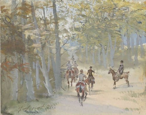 Boslandschap met ruiters by Jules baron Finot