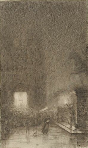 Samenscholing bij avond voor een kathedraal by Félix Hilaire Buhot