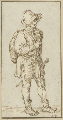 Staande man met rugzak en een zwaard by Hans Sebald Beham