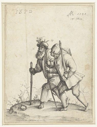 Oude zwerver met jongeman met zwaard by Anton Möller (der Ältere)