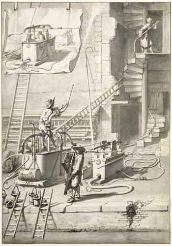 Vergelijking van de oude brandspuiten met Van der Heydens slangenbrandspuit by Jan van der Heyden