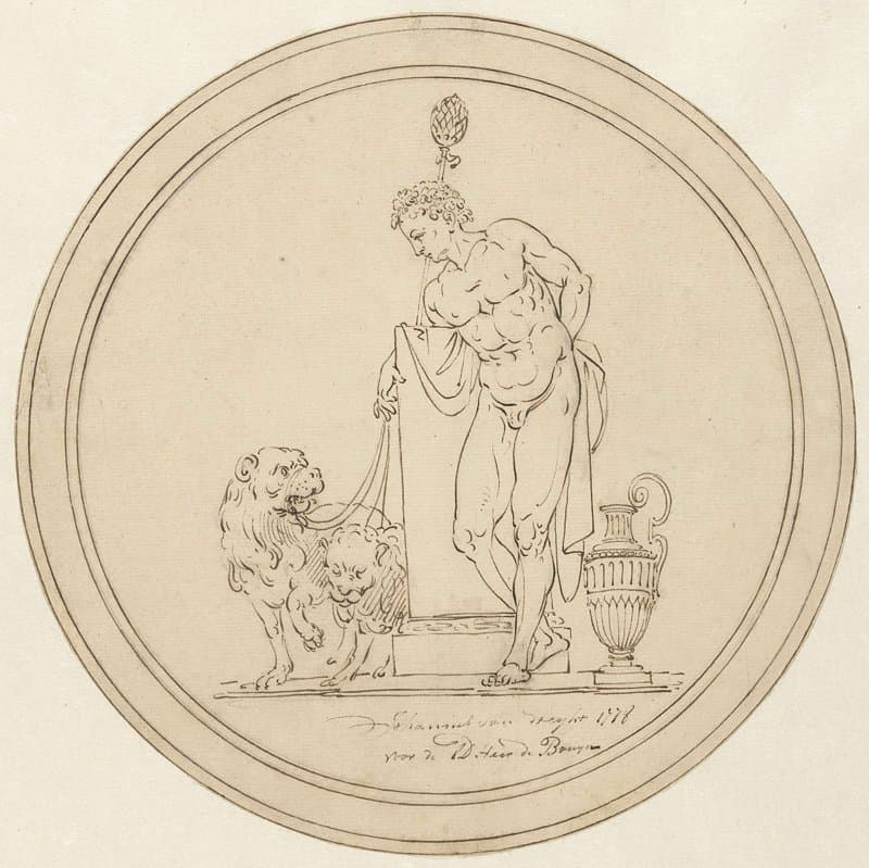 Allegorische mansfiguur, staande met twee leeuwen by Johannes van Dregt