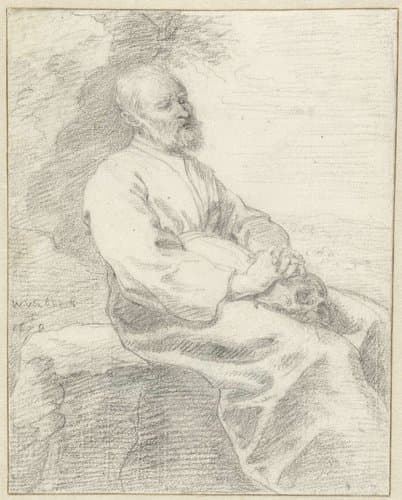 Zittende kluizenaar met op zijn schoot een schedel by W. Verbeeck