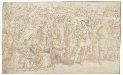 Koninklijk (?) echtpaar geknield voor een generaal by Maerten de Vos