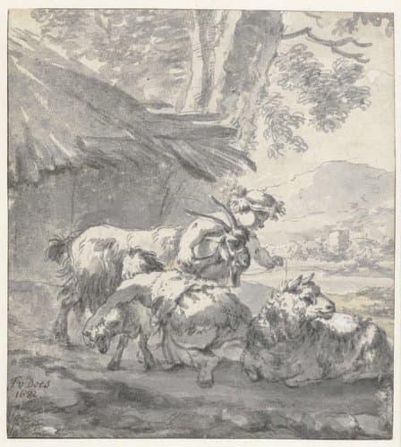 Landscape with Two Children Playing with a Goat, a Lamb and a Sheep by Simon van der Does
