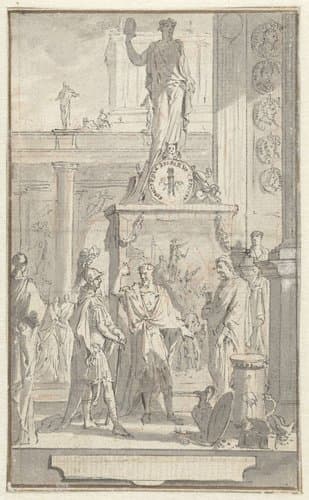 Personen staand voor een standbeeld by Jan Goeree