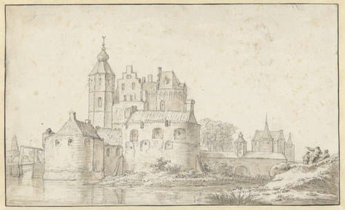 Gezicht op een kasteel bij een stad by Herman Saftleven