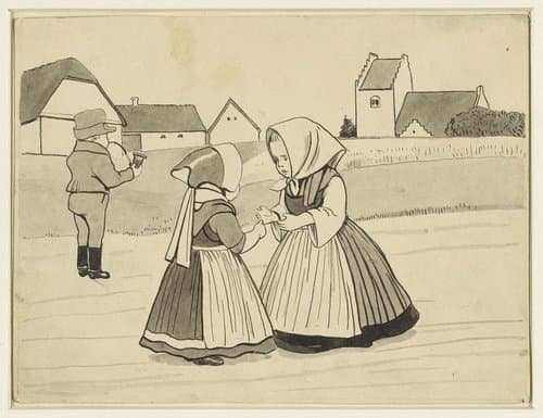 Twee meisjes en een jongen, die een pijp rookt, op een landweg by Alfred Michael Roedstad Schmidt