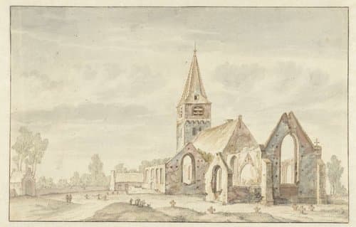 Kerk naast de ruïnes van een oude kerk te Velsen by anonymous