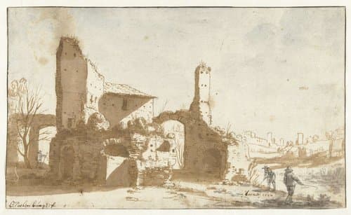 Kolfspelers bij een antieke ruïne by Cornelis van Poelenburch