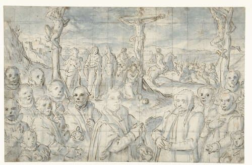 Kruisiging met een stichter en zijn familie by Aert Pietersz.
