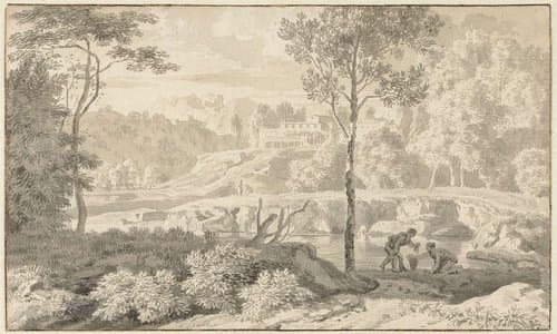 Arcadian Landscape with Figures by a Lake by Johannes Glauber