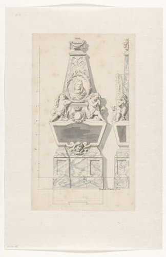 Front-aanzicht met plattegrond en zij-aanzicht van grafmonument by Daniël Marot (I)