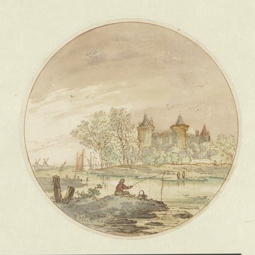 Landschap met een hengelaar en een kasteel by Aarnout ter Himpel