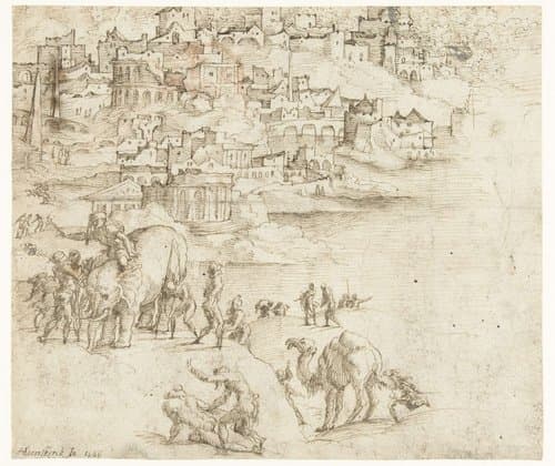 Fantasiestad met antieke ruïnes by Jan van Scorel