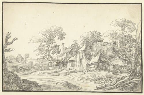 Boerenhofsteden tussen geboomte aan een landweg by Pieter de Molijn