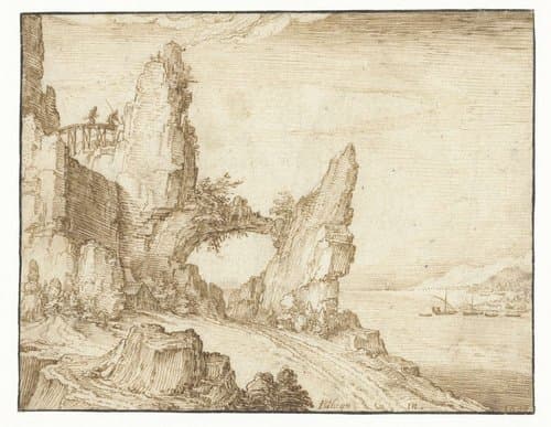 Landschap met steile rotsen bij een rivier by Jacques de Gheyn (II)