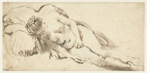 Naakte vrouw liggend tegen een kussen by Rembrandt van Rijn
