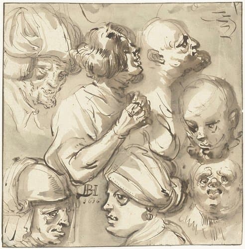 Schetsblad met zeven koppen by Jan Philipsz. van Bouckhorst
