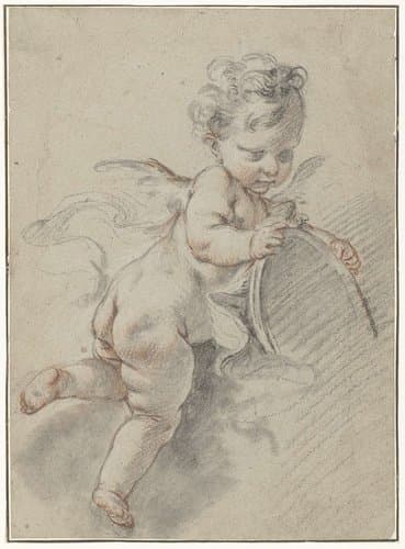 Zwevende putto met een toiletspiegel by François Boucher