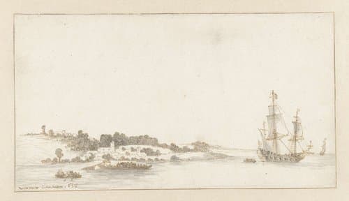 Schip en enkele sloepen bij een dorp aan de kust by Abraham de Verwer