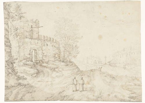 Landweg langs stadsmuur en klooster by anonymous