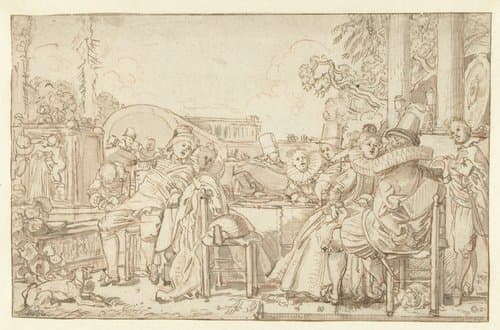 Vrolijk gezelschap aan tafel in de open lucht by Willem Pietersz Buytewech