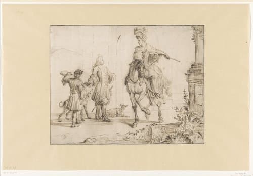 Heer met voetknecht bij een dame te paard by Romeyn de Hooghe