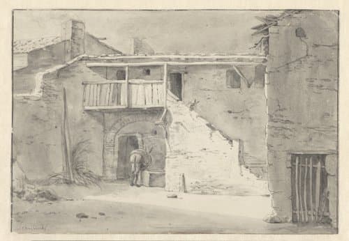 Huis met een ezel bij een drinkbak by Willem Schellinks