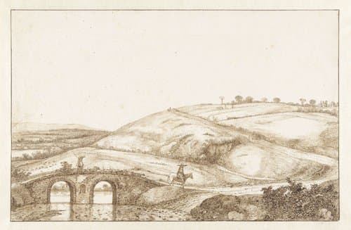 Heuvellandschap met stenen brug by Cornelis Hendriksz Vroom